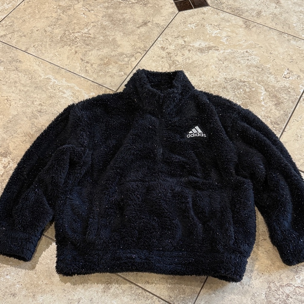 Adidas” Kids Black Sherpa 3/4 Zip Pullover Medium